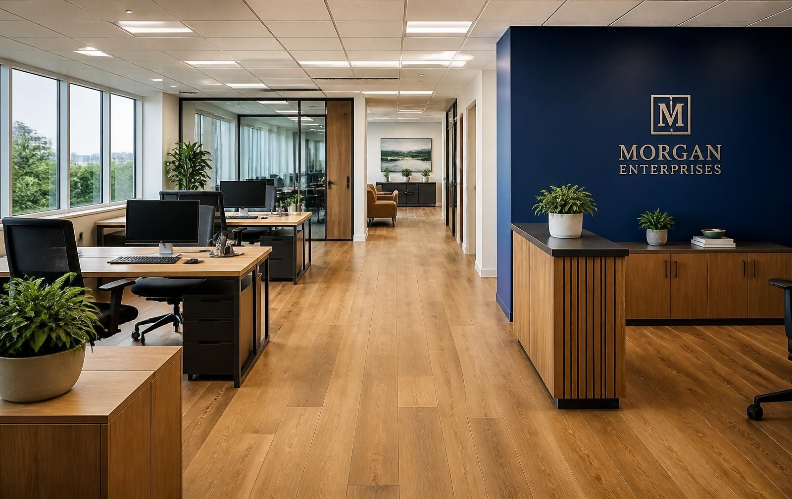 Modern office interior with oak desks and a navy reception wall