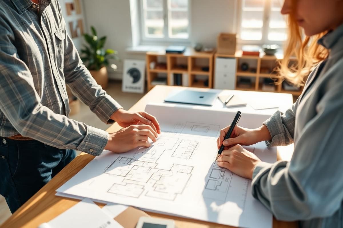 Designers reviewing office floor plans and material samples
