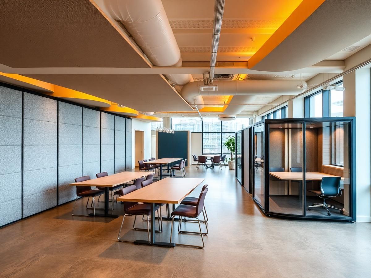 Coworking floor with glass meeting pods and acoustic panels