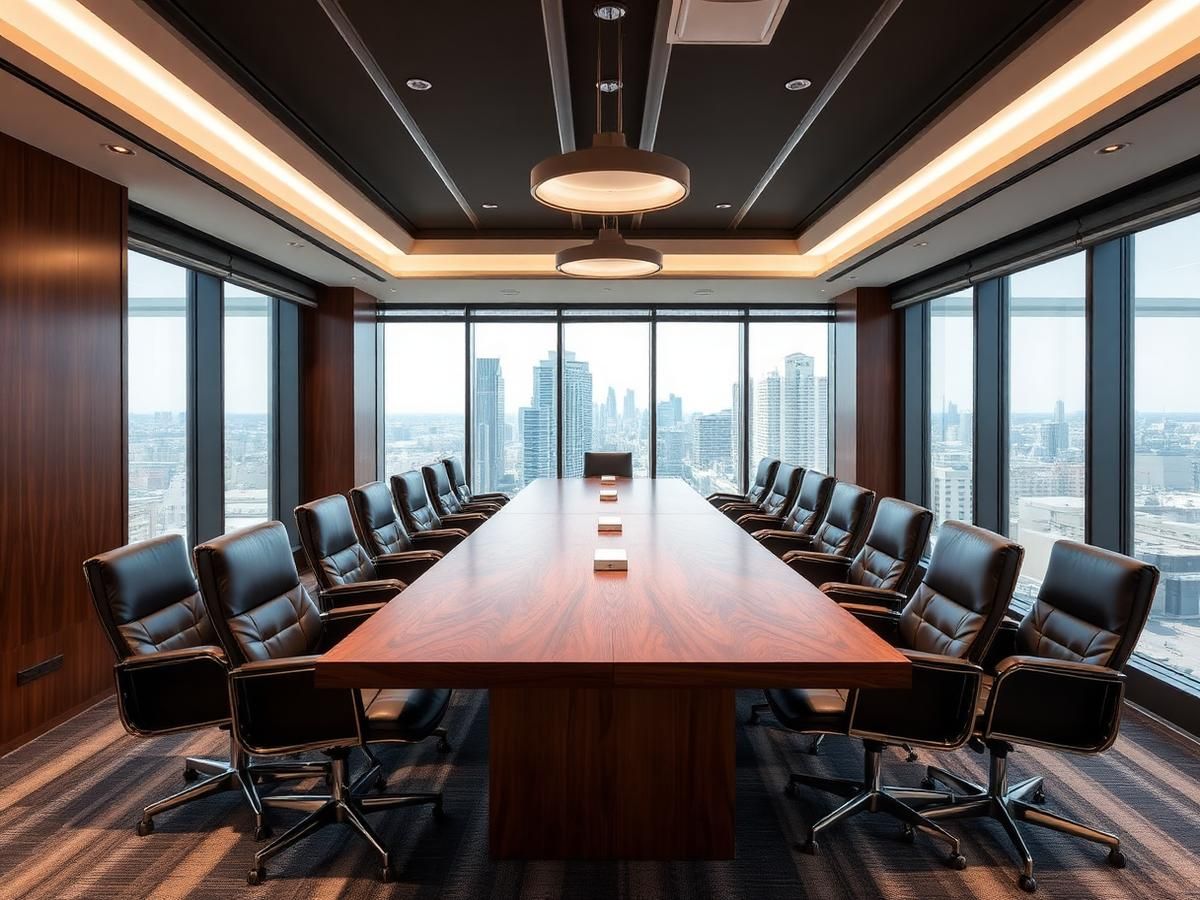 Executive boardroom with walnut table and city view